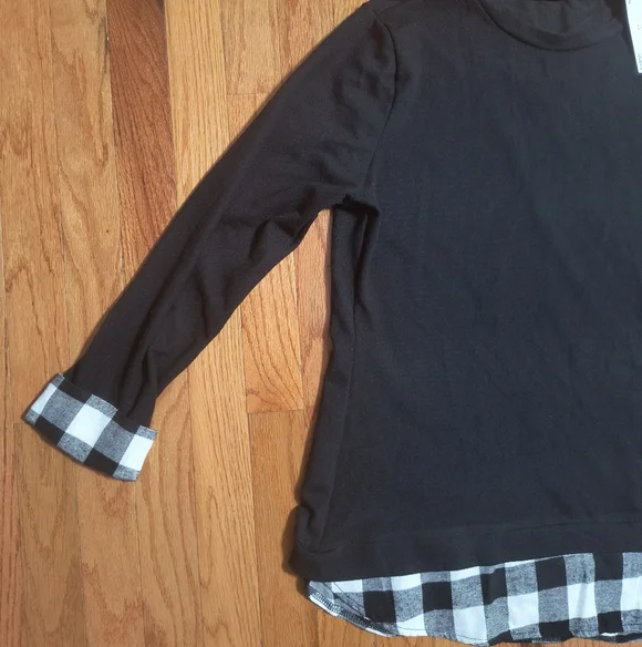 3/$10⭐ NWT La Mode Shirt W/Plaid Faux Shirttail,Cuffs, Women's XL, Black/White - Picture 5 of 13